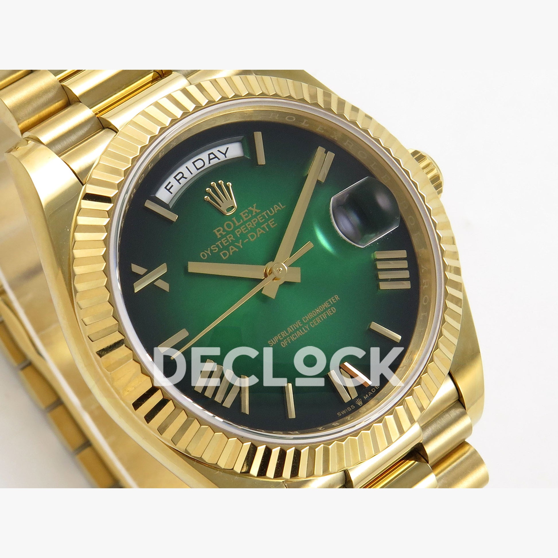Rolex Day-Date 40mm 228238 QF Green Ombre Roman Dial on President JH3255 Free Sprung V9 Weighted 210g Replica Watch (Copy)