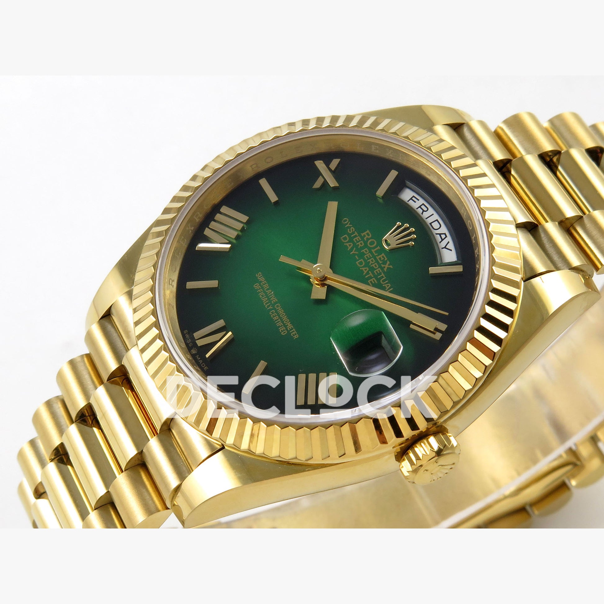 Rolex Day-Date 40mm 228238 QF Green Ombre Roman Dial on President JH3255 Free Sprung V9 Weighted 210g Replica Watch (Copy)