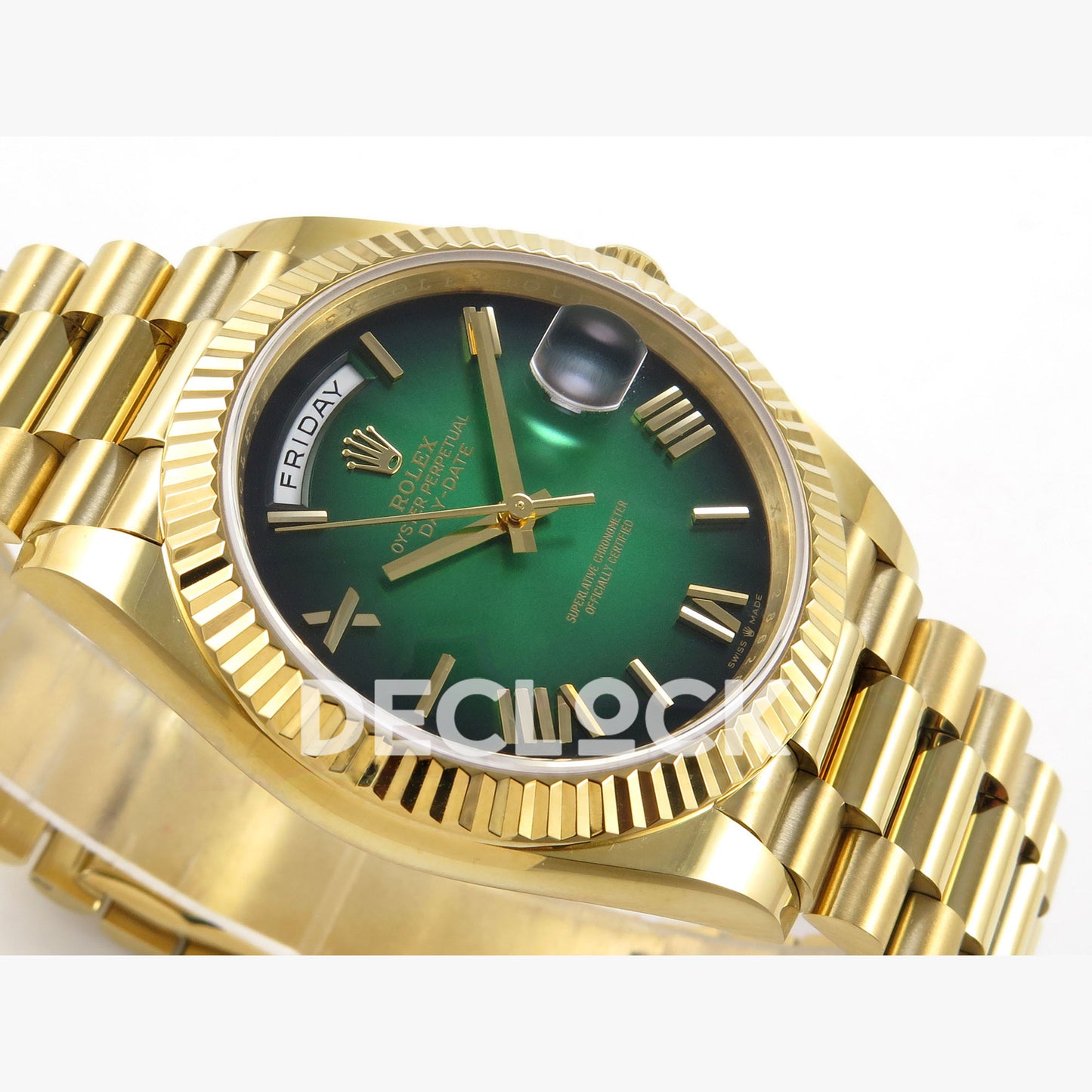 Rolex Day-Date 40mm 228238 QF Green Ombre Roman Dial on President JH3255 Free Sprung V9 Weighted 210g Replica Watch (Copy)