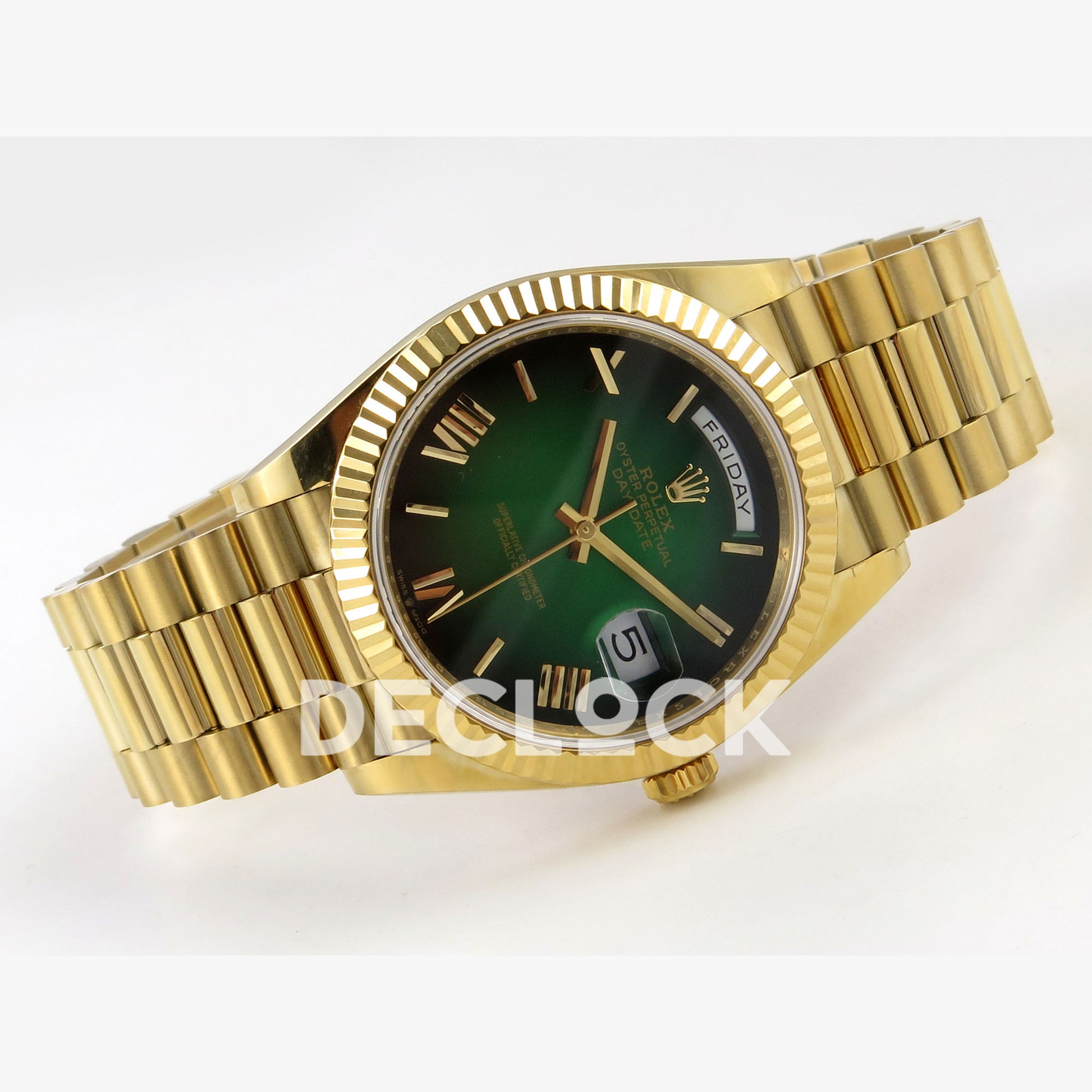 Rolex Day-Date 40mm 228238 QF Green Ombre Roman Dial on President JH3255 Free Sprung V9 Weighted 210g Replica Watch (Copy)
