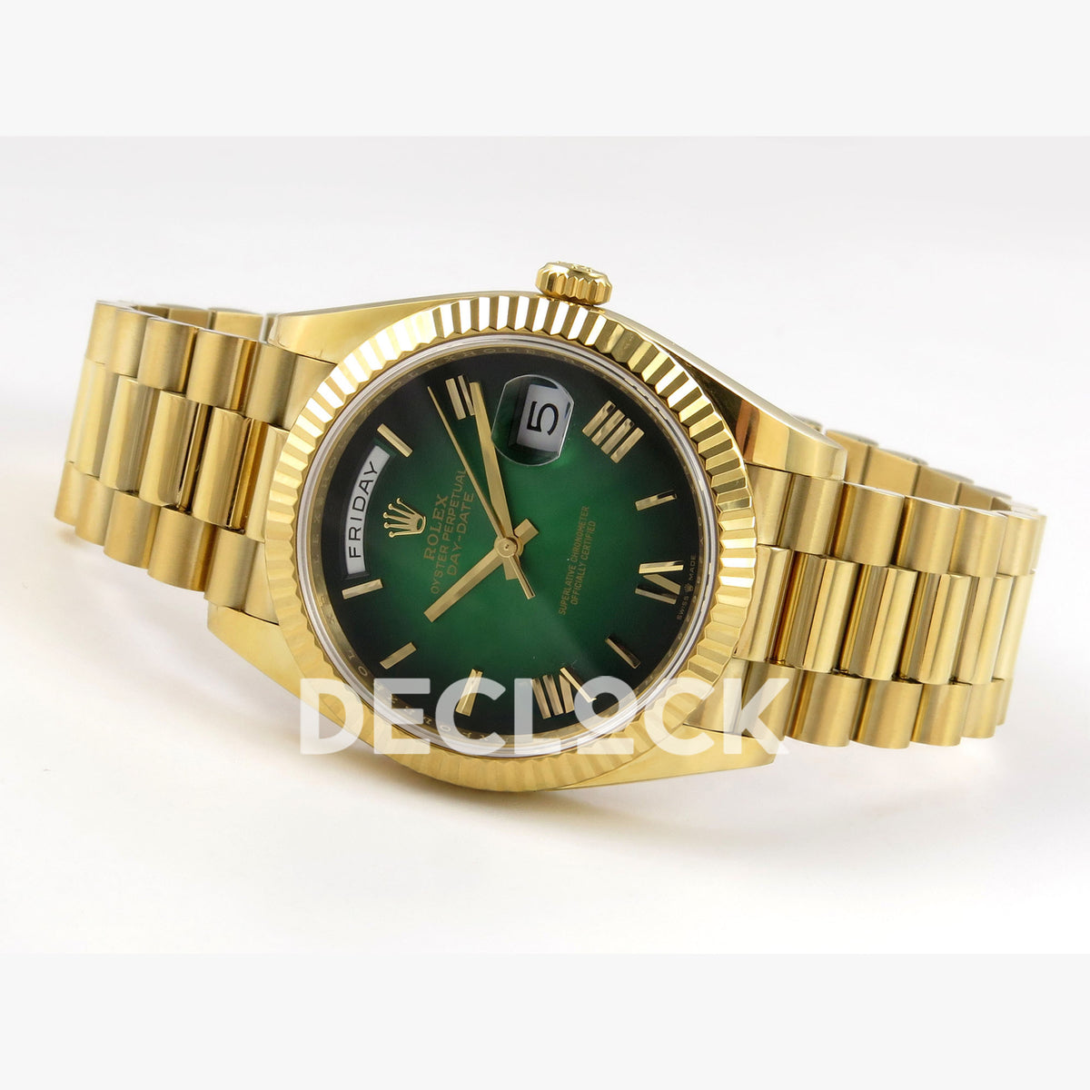 Rolex Day-Date 40mm 228238 QF Green Ombre Roman Dial on President JH3255 Free Sprung V9 Weighted 210g Replica Watch (Copy)