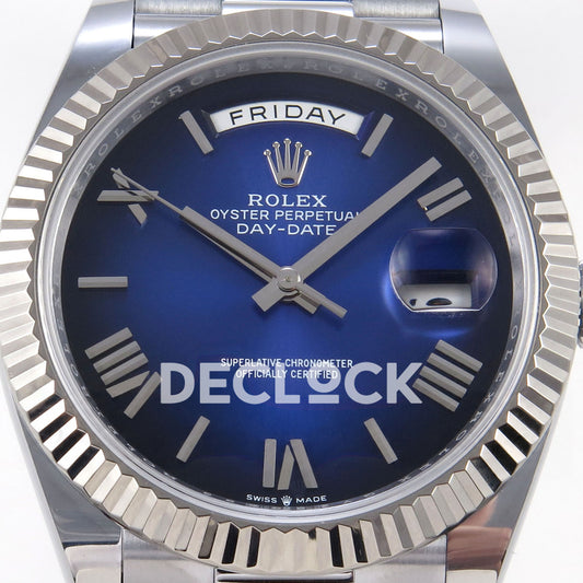 Rolex Day-Date 40mm 228239 QF Blue Ombre Roman Dial on President JH3255 Free Sprung V9 Weighted 210g Replica