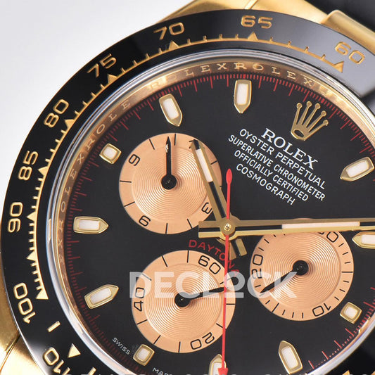 Replica Rolex Daytona 116518LN Black/Champagne Index “Newman” Dial in Yellow Gold on Rubber Strap | Declock.