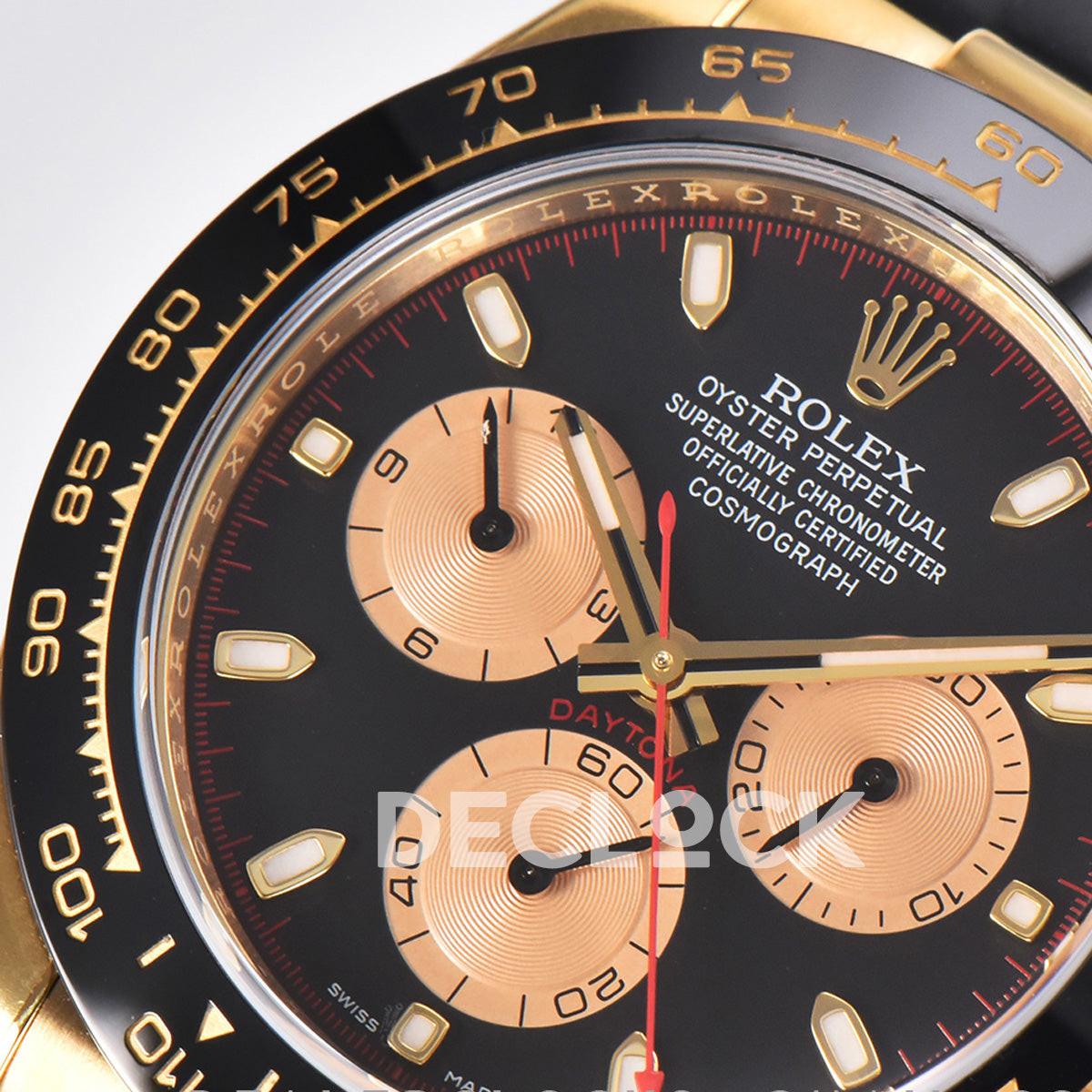 Replica Rolex Daytona 116518LN Black/Champagne Index “Newman” Dial in Yellow Gold on Rubber Strap |  Declock.