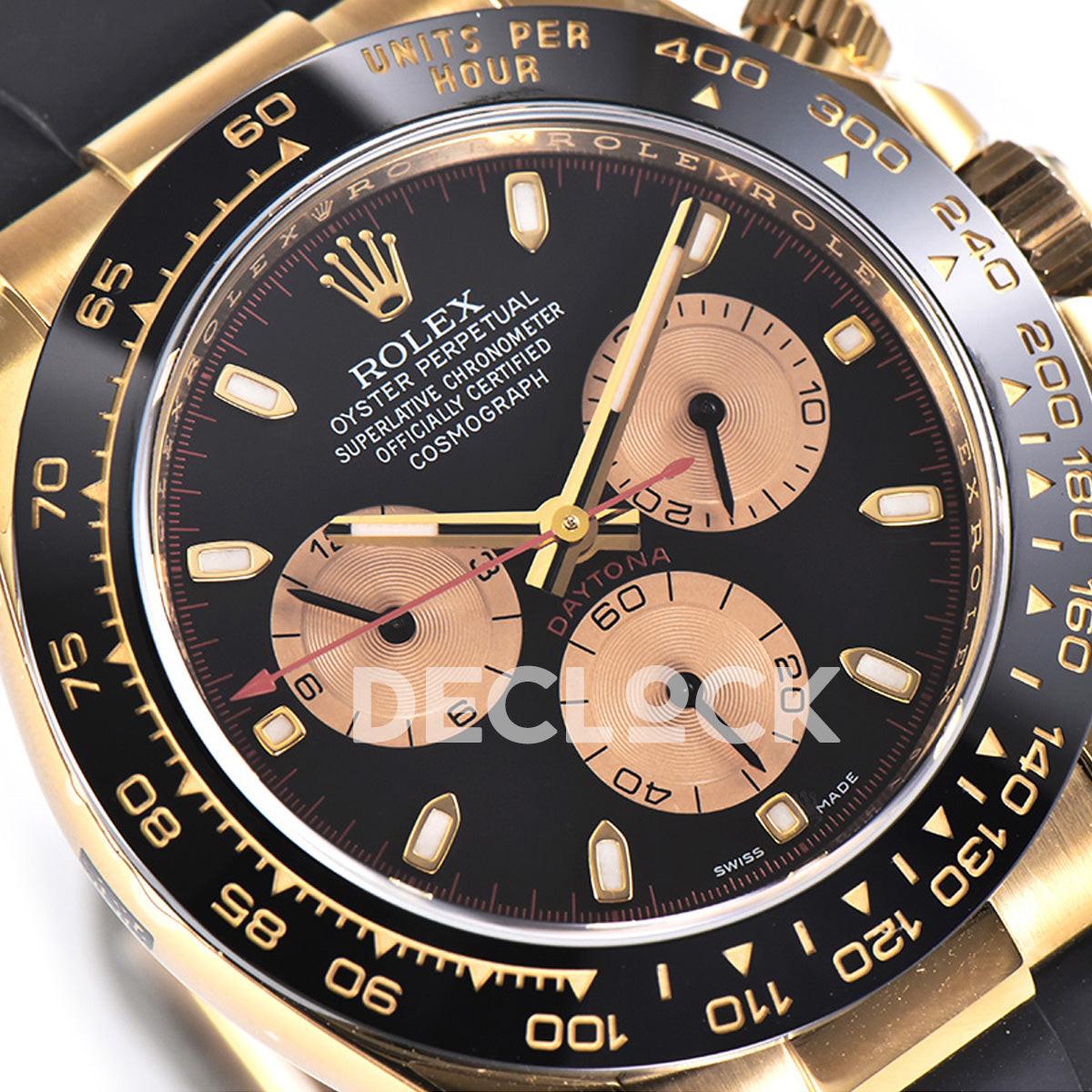 Replica Rolex Daytona 116518LN Black/Champagne Index “Newman” Dial in Yellow Gold on Rubber Strap |  Declock.