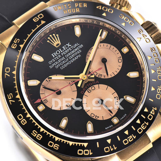 Replica Rolex Daytona 116518LN Black/Champagne Index “Newman” Dial in Yellow Gold on Rubber Strap |  Declock.