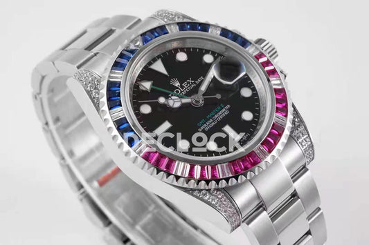 Replica Rolex GMT Master II 116758 Pepsi Black Dial in Steel with Paved Diamond Bezel | Declock.