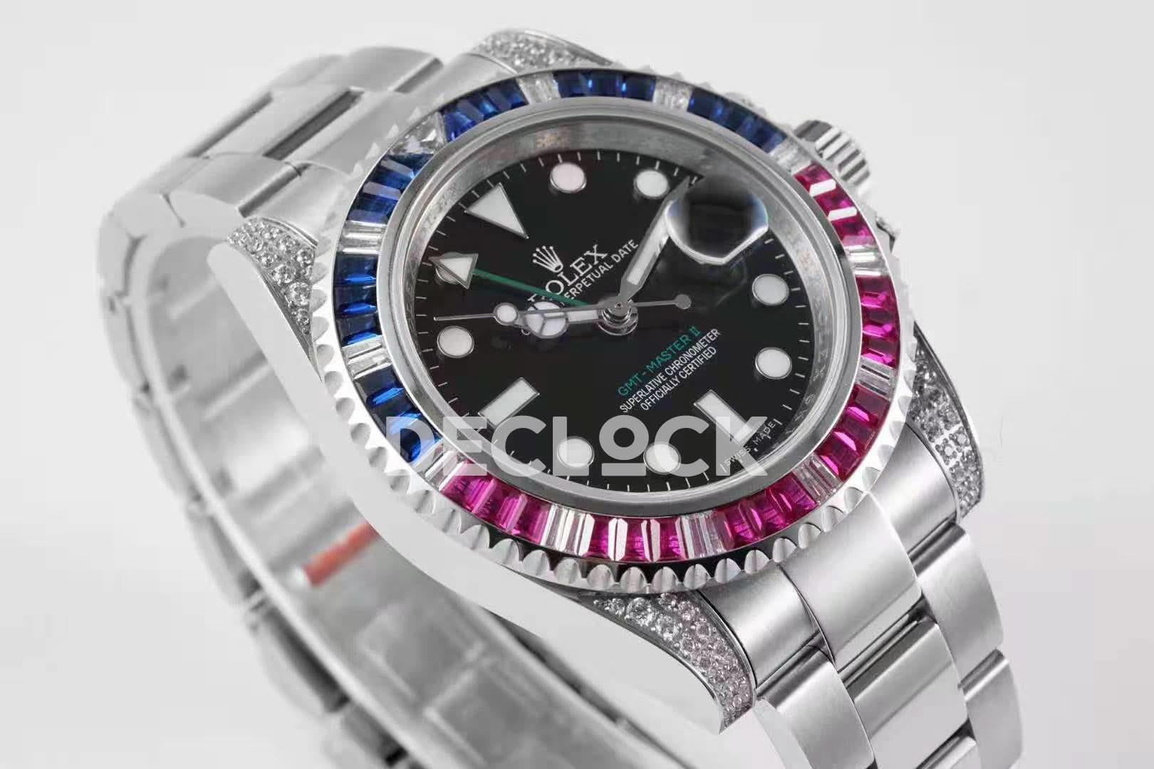 Replica Rolex GMT Master II 116758 Pepsi Black Dial in Steel with Paved Diamond Bezel |  Declock.