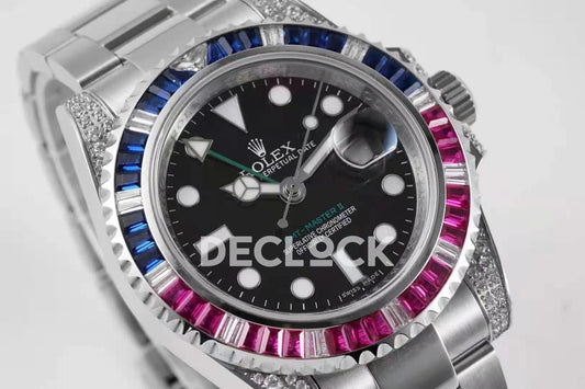 Replica Rolex GMT Master II 116758 Pepsi Black Dial in Steel with Paved Diamond Bezel | Declock.