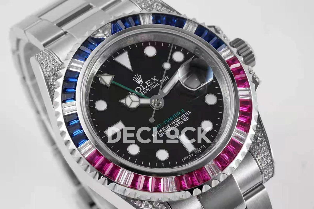 Replica Rolex GMT Master II 116758 Pepsi Black Dial in Steel with Paved Diamond Bezel |  Declock.