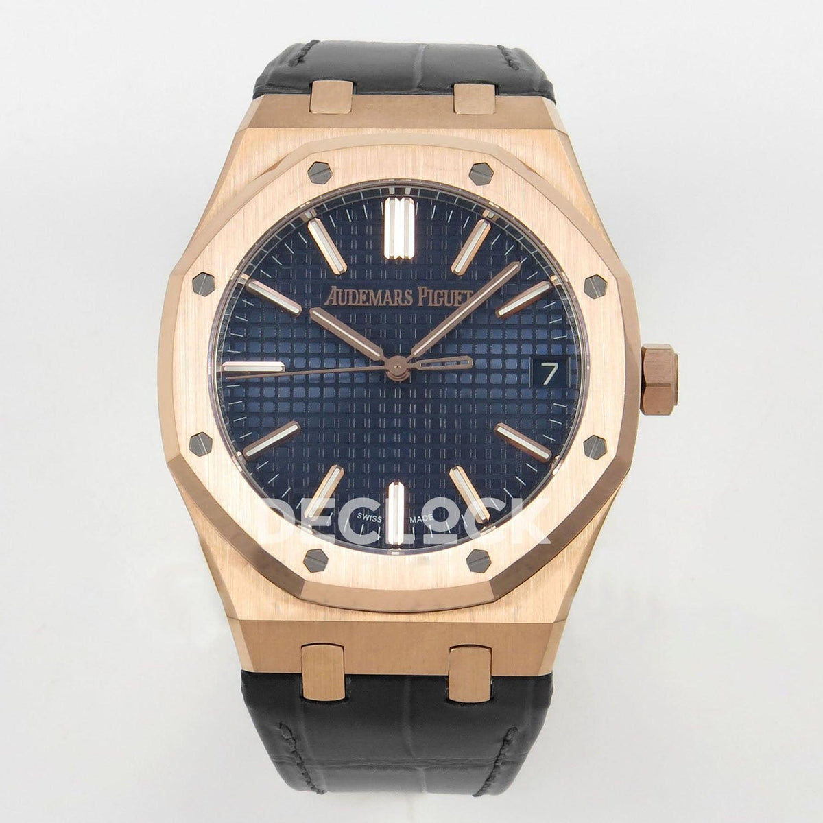 Replica Audemars Pigeut Royal Oak 41mm 15510 RG Blue Dial on Black Leather Strap |  Declock.