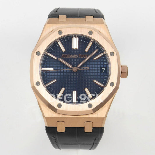 Replica Audemars Pigeut Royal Oak 41mm 15510 RG Blue Dial on Black Leather Strap |  Declock.