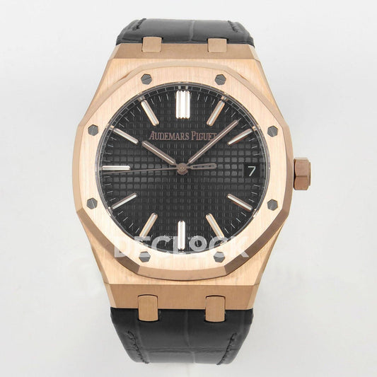 Replica Audemars Pigeut Royal Oak 41mm 15510 RG Black Dial on Black Leather Strap |  Declock.