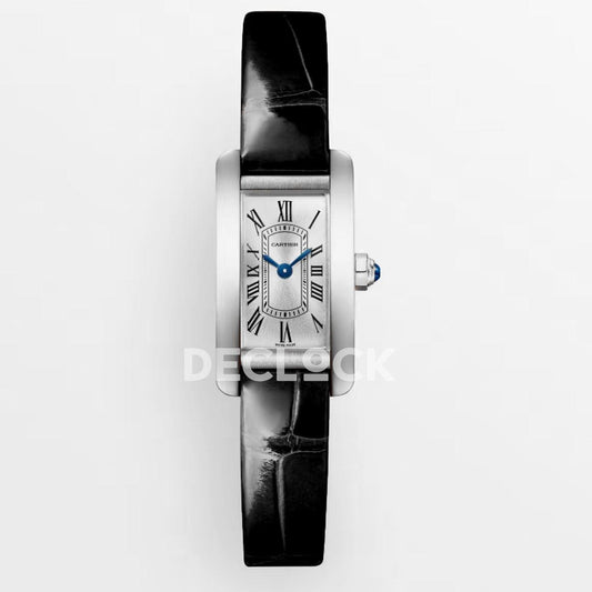 Replica Cartier Tank Americaine SS White Dial on Black Leather Strap |  Declock.