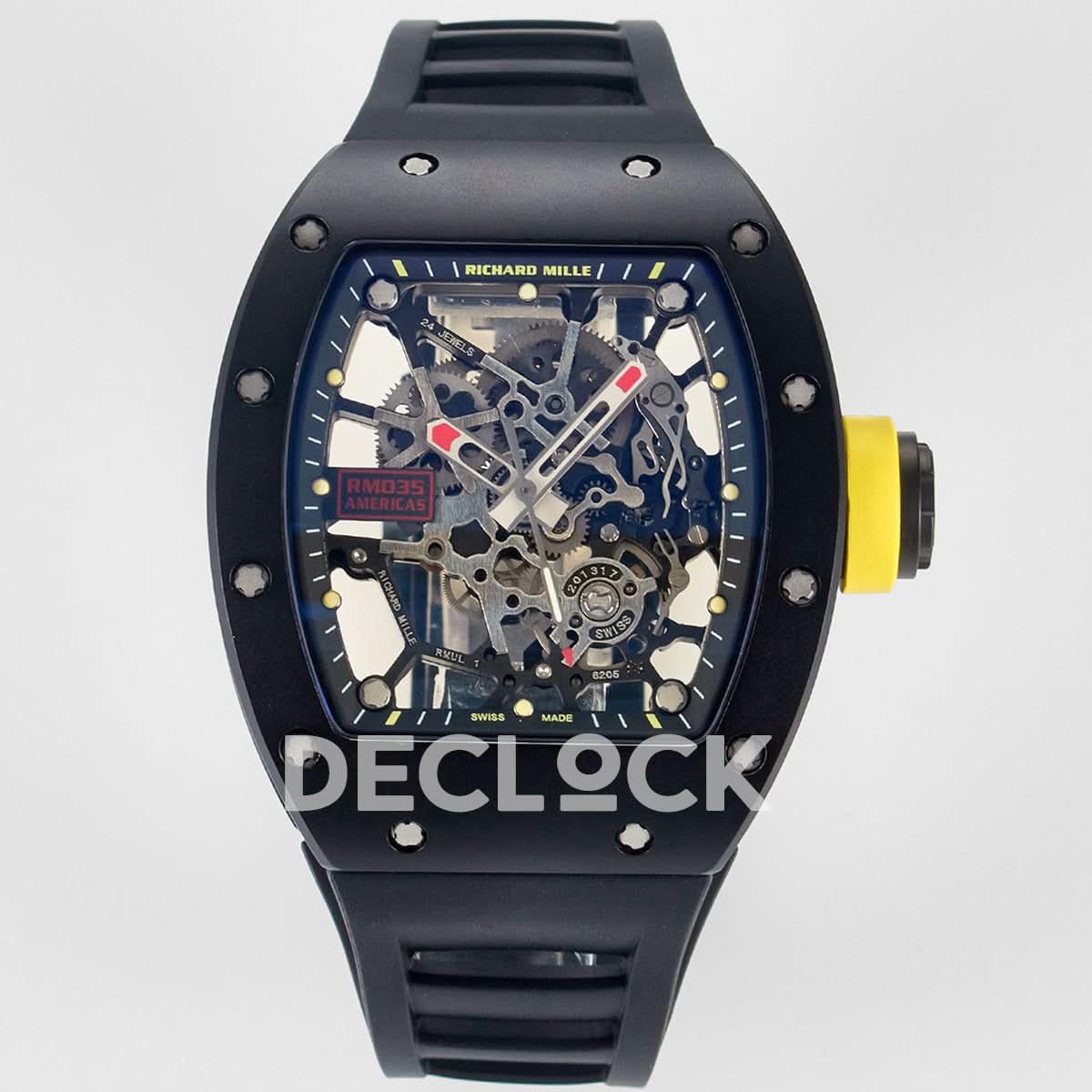 Replica Richard Mille RM035-02 Black Ceramic SONIC Best Edition Skeleton Dial on Black Rubber Strap |  Declock.