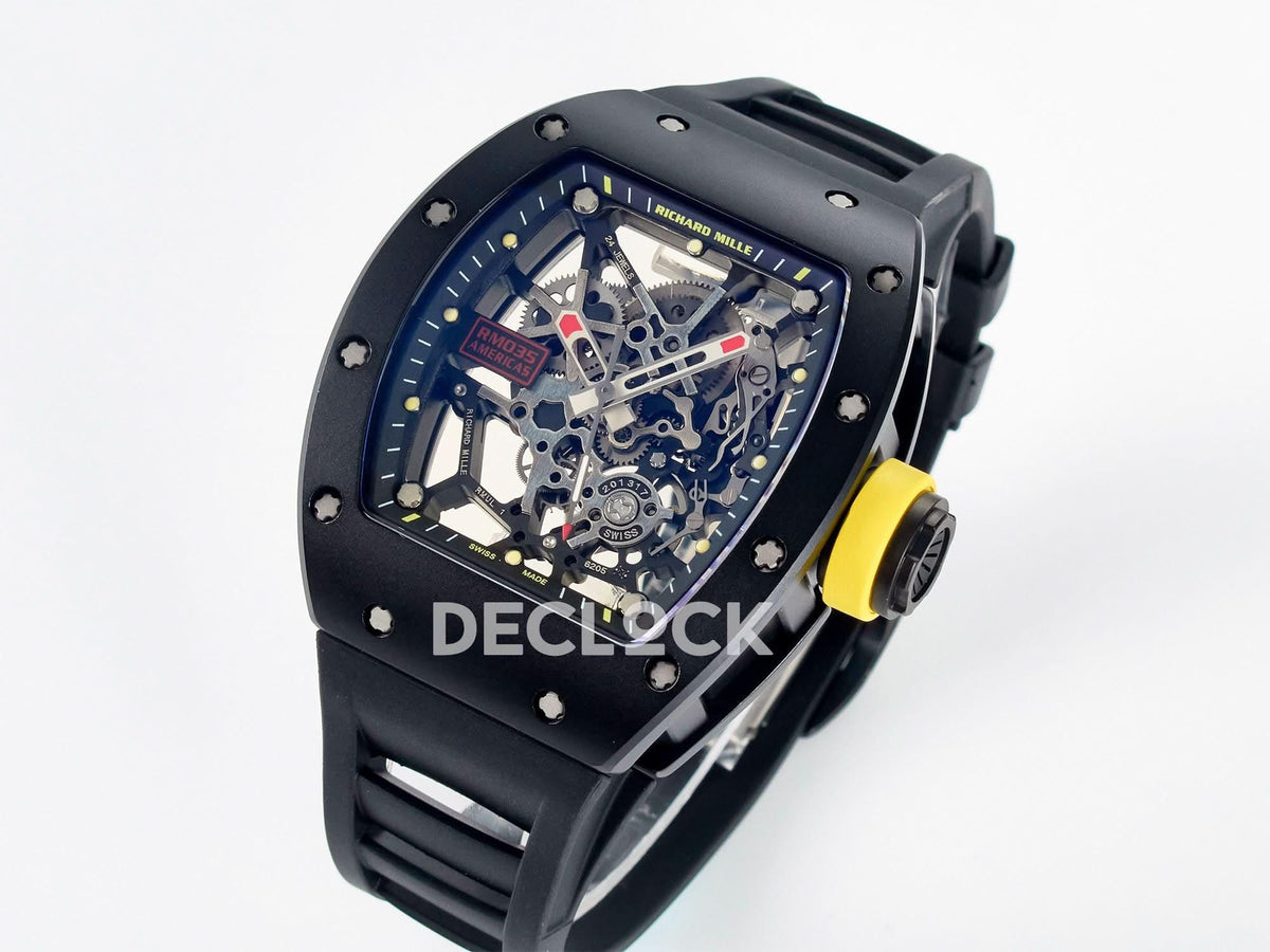 Replica Richard Mille RM035-02 Black Ceramic SONIC Best Edition Skeleton Dial on Black Rubber Strap |  Declock.