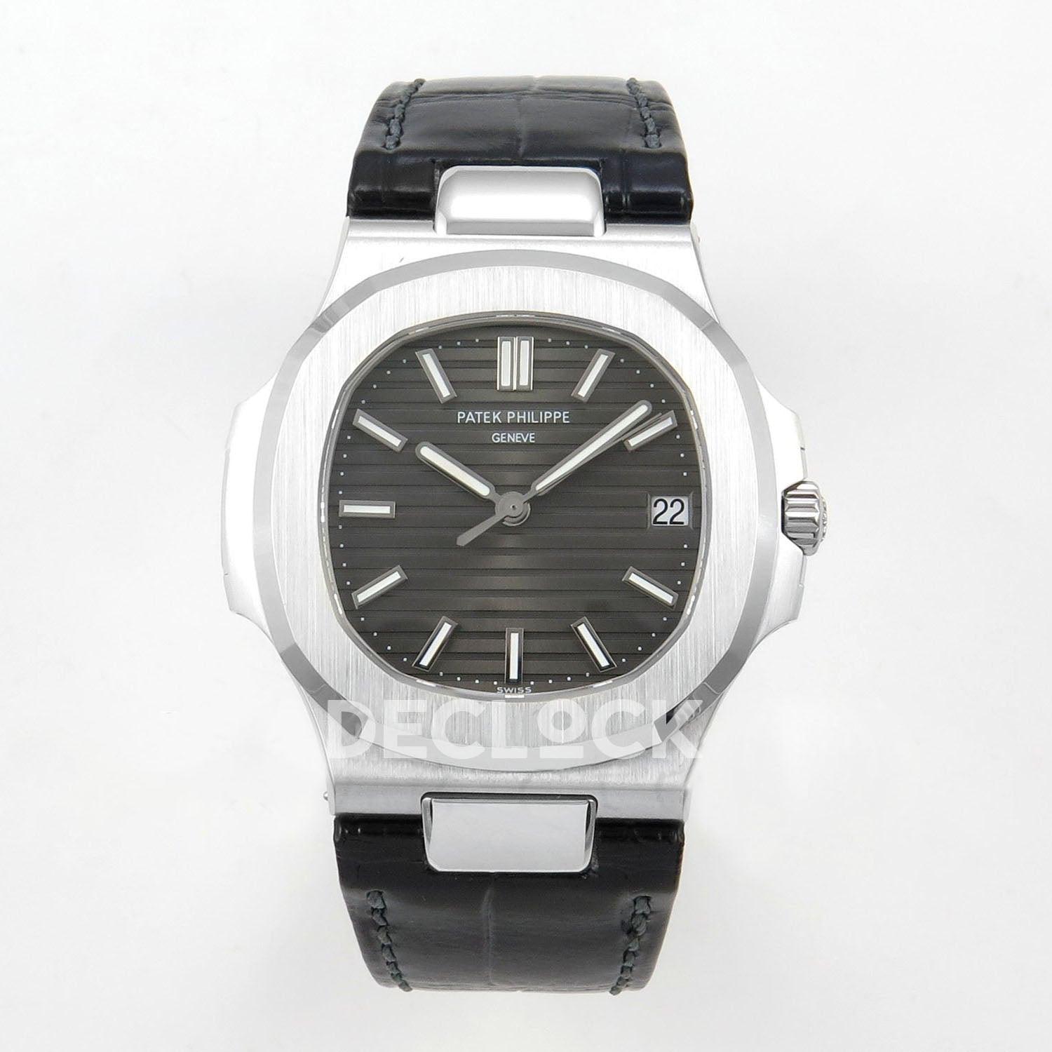 Replica Pattek Philippe Nautilus 5711/1R RG Gray Textured Dial on Black Leather Strap |  Declock.