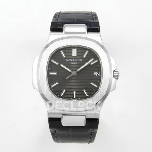 Replica Pattek Philippe Nautilus 5711/1R RG Gray Textured Dial on Black Leather Strap |  Declock.