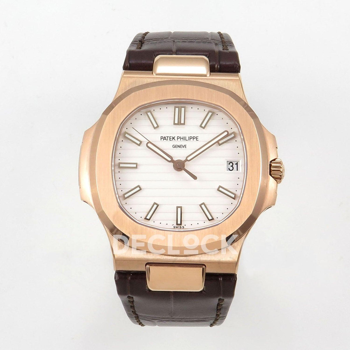 Replica Pattek Philippe Nautilus 5711/1R RG White Textured Dial on Brown Leather Strap |  Declock.