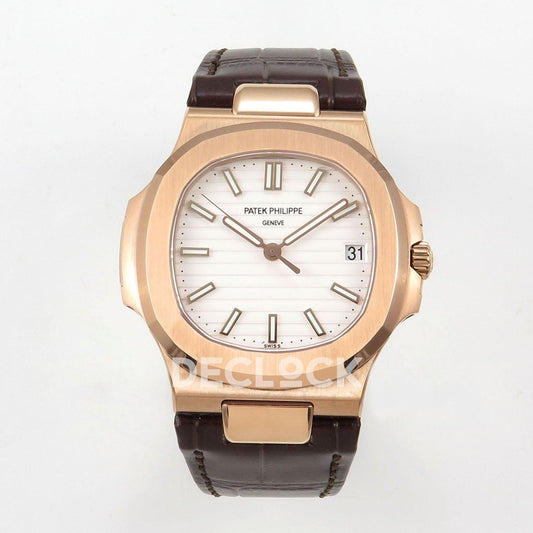Replica Pattek Philippe Nautilus 5711/1R RG White Textured Dial on Brown Leather Strap |  Declock.