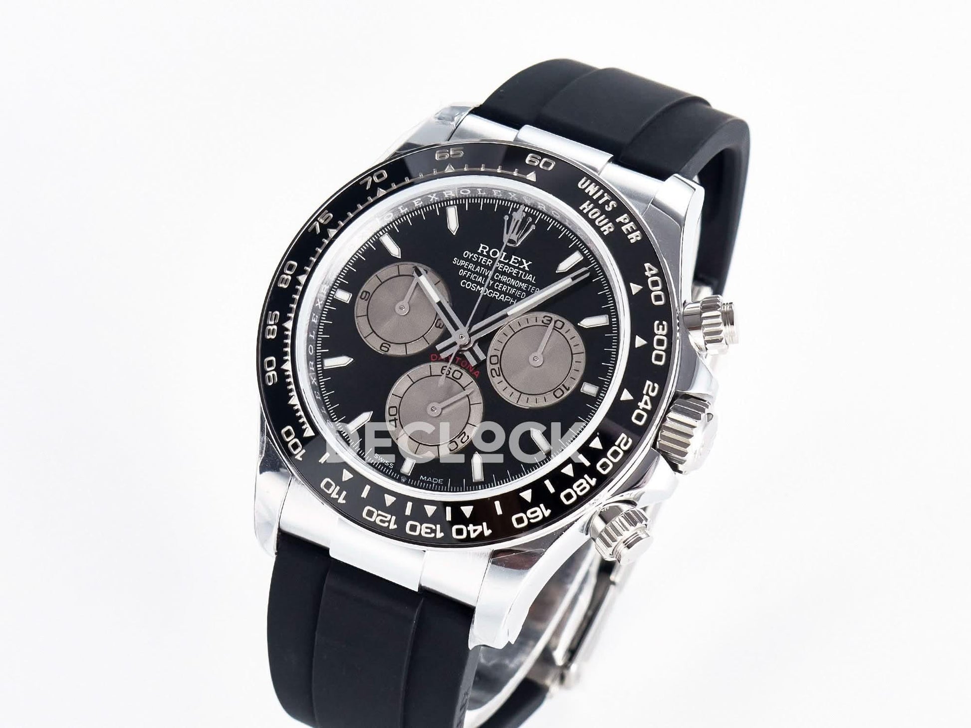 Replica Rolex Daytona 126519 Black/Gray Dial in White Gold on Rubber Strap |  Declock.