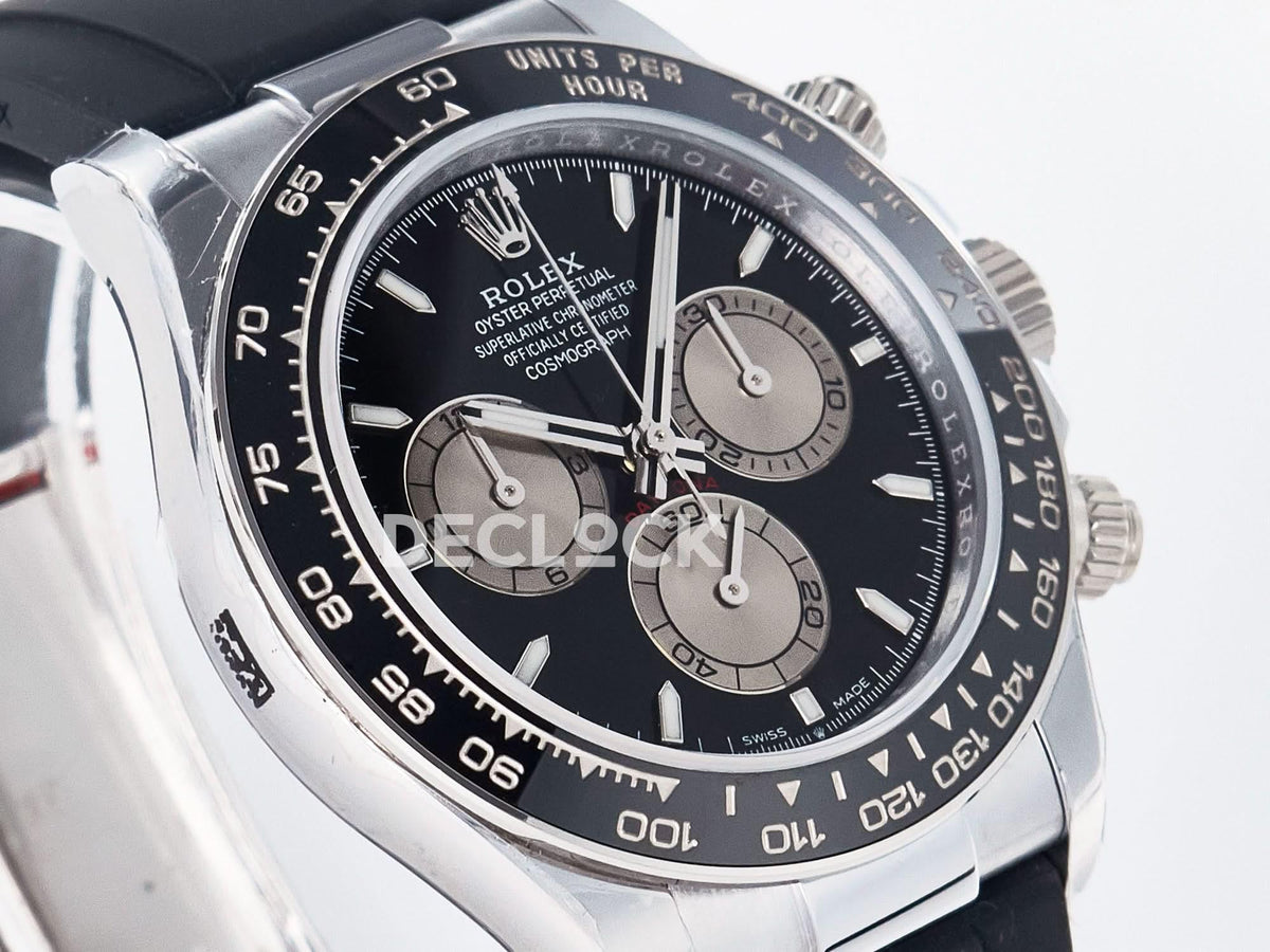 Replica Rolex Daytona 126519 Black/Gray Dial in White Gold on Rubber Strap |  Declock.