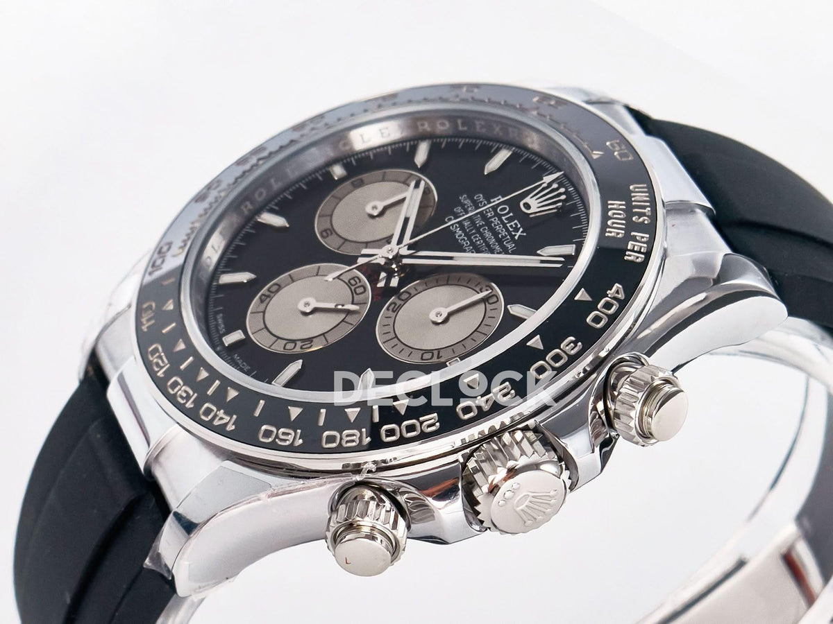 Replica Rolex Daytona 126519 Black/Gray Dial in White Gold on Rubber Strap |  Declock.