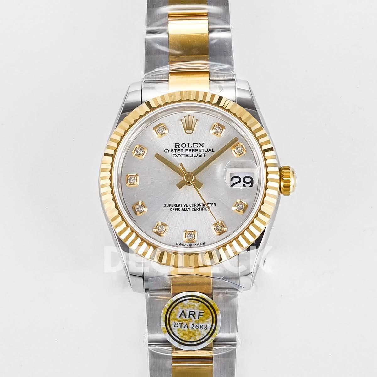 Replica Rolex DateJust 31 278273 ARF 1:1 Best Edition 904L Steel Silver Diamonds Dial on SS/YG Oyster Bracelet ETA 2688 |  Declock.