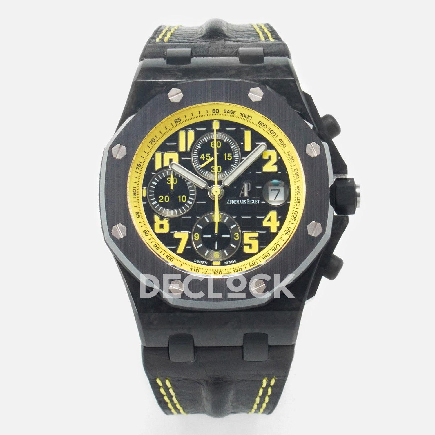 Replica Audemars Pigeut Royal Oak Offshore Bumble Bee Forged Carbon on Leather Strap w/ Cyclops & DW Mod |  Declock.