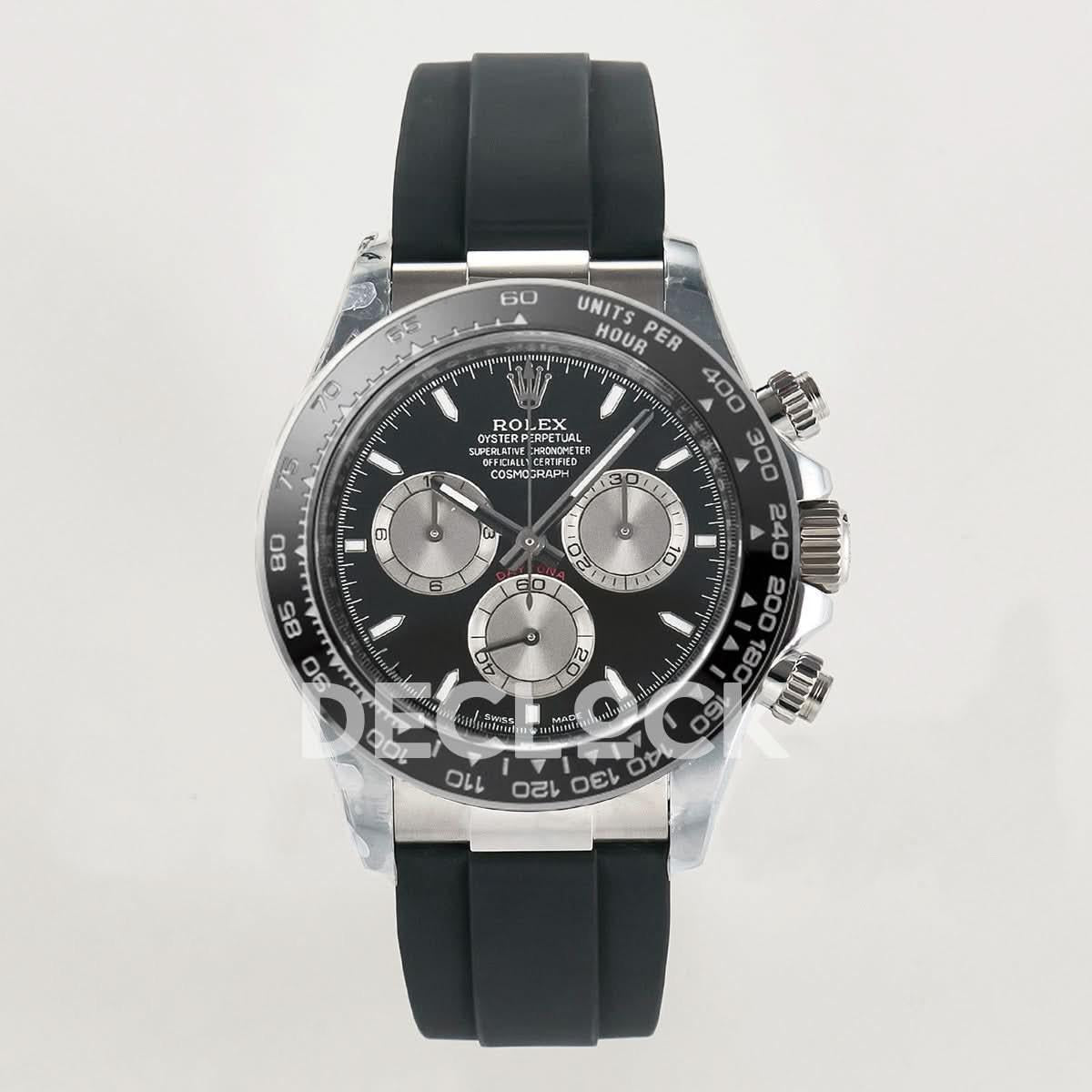 Replica Rolex Daytona 126519 Black/Gray Dial in White Gold on Rubber Strap |  Declock.