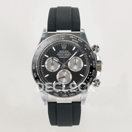 Replica Rolex Daytona 126519 Black/Gray Dial in White Gold on Rubber Strap |  Declock.