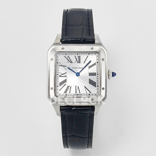 Replica Cartier Santos Dumont (Small) Silver Dial on Black Leather Strap Quartz |  Declock.