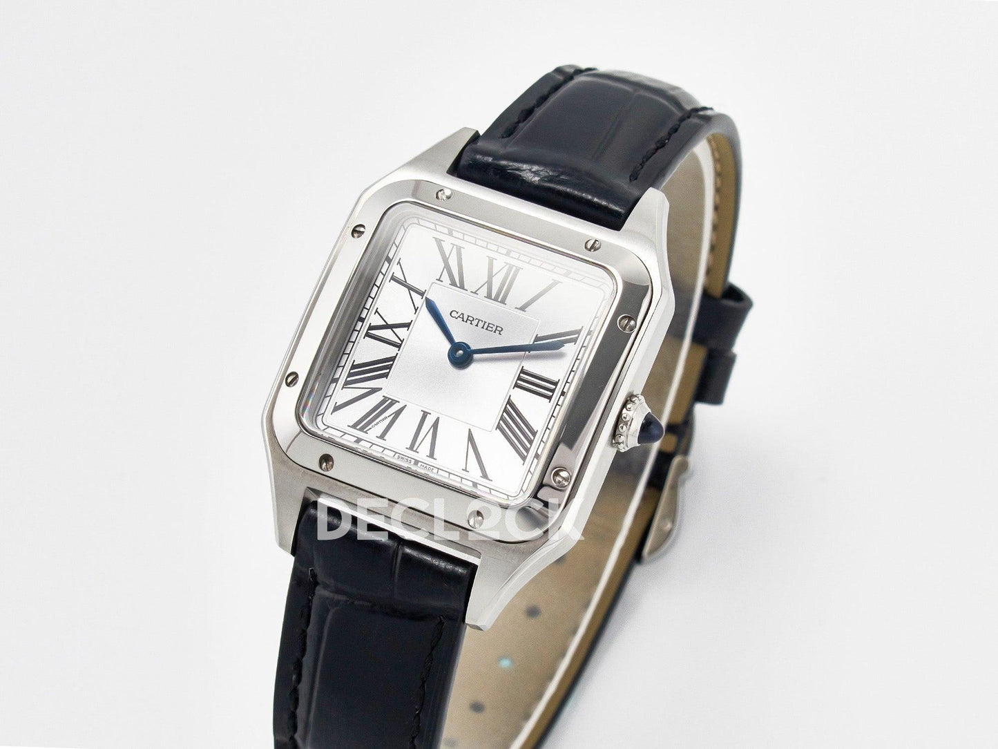 Replica Cartier Santos Dumont (Small) Silver Dial on Black Leather Strap Quartz |  Declock.
