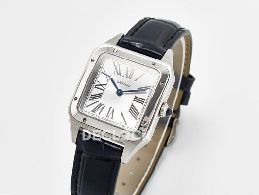 Replica Cartier Santos Dumont (Small) Silver Dial on Black Leather Strap Quartz |  Declock.