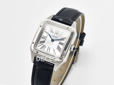 Santos Dumont (Small) Silver Dial on Black Leather Strap Quartz