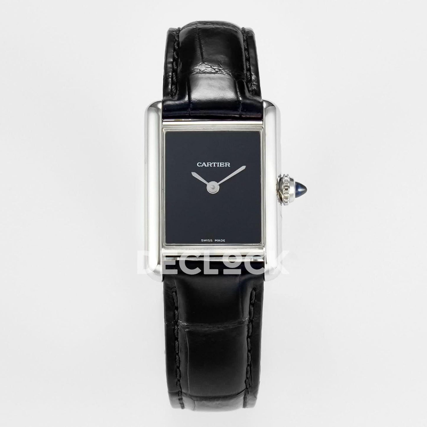 Replica Cartier Tank Louis Cartier Small SS 29mm Black Dial on Black Leather Strap |  Declock.
