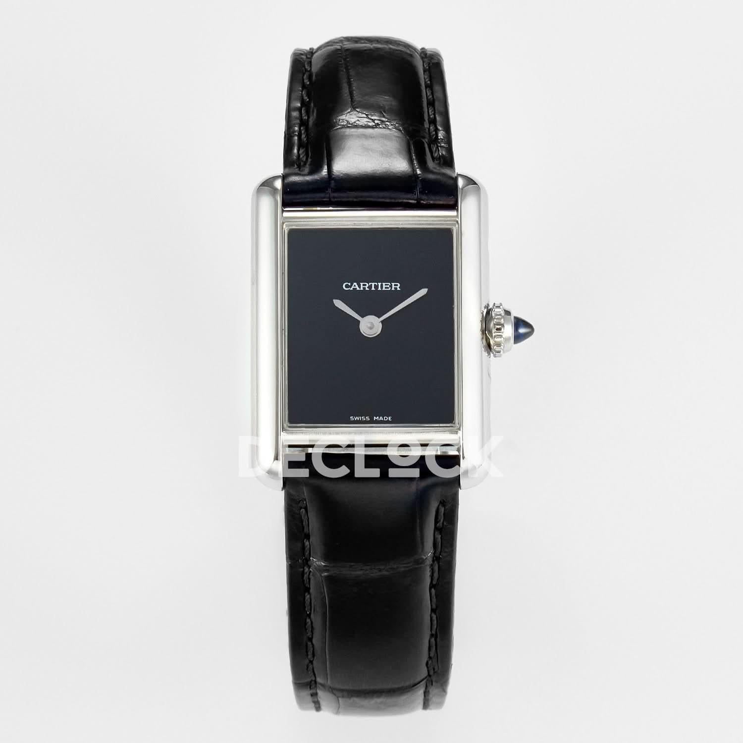 Replica Cartier Tank Louis Cartier Small SS 29mm Black Dial on Black Leather Strap |  Declock.
