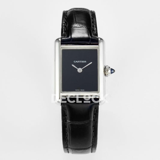 Replica Cartier Tank Louis Cartier Small SS 29mm Black Dial on Black Leather Strap |  Declock.