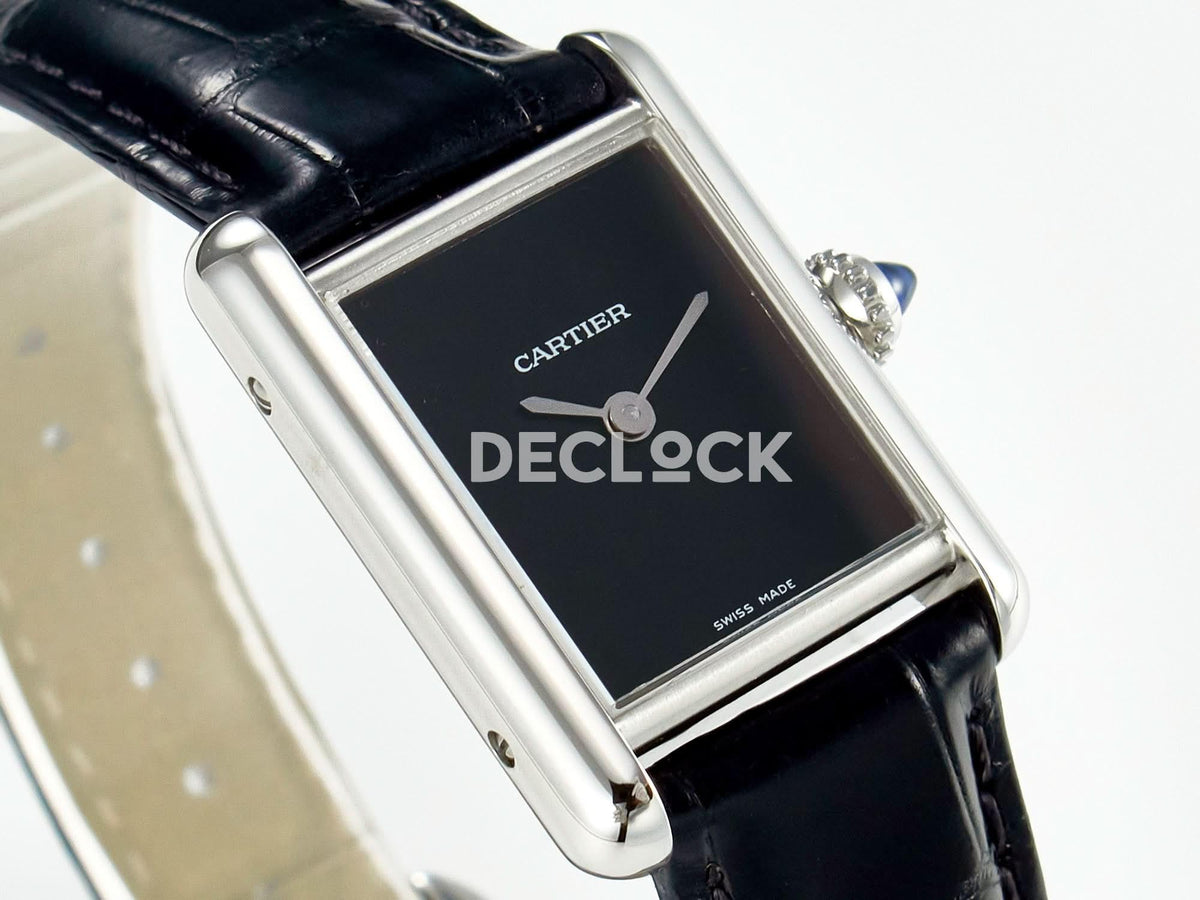 Replica Cartier Tank Louis Cartier Small SS 29mm Black Dial on Black Leather Strap |  Declock.