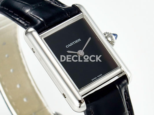 Replica Cartier Tank Louis Cartier Small SS 29mm Black Dial on Black Leather Strap | Declock.