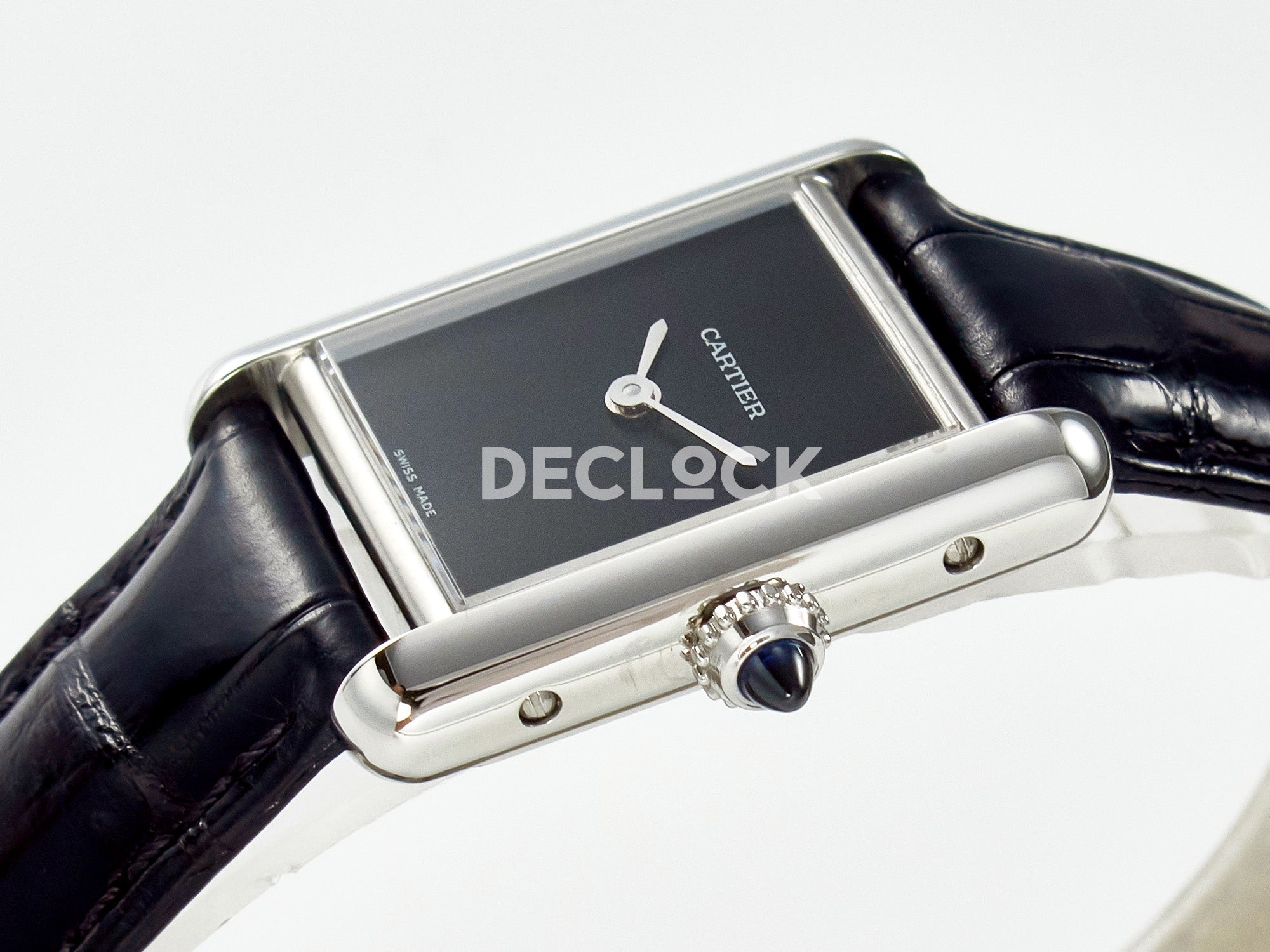 Tank Louis Cartier Small SS 29mm Black Dial on Black Leather Strap