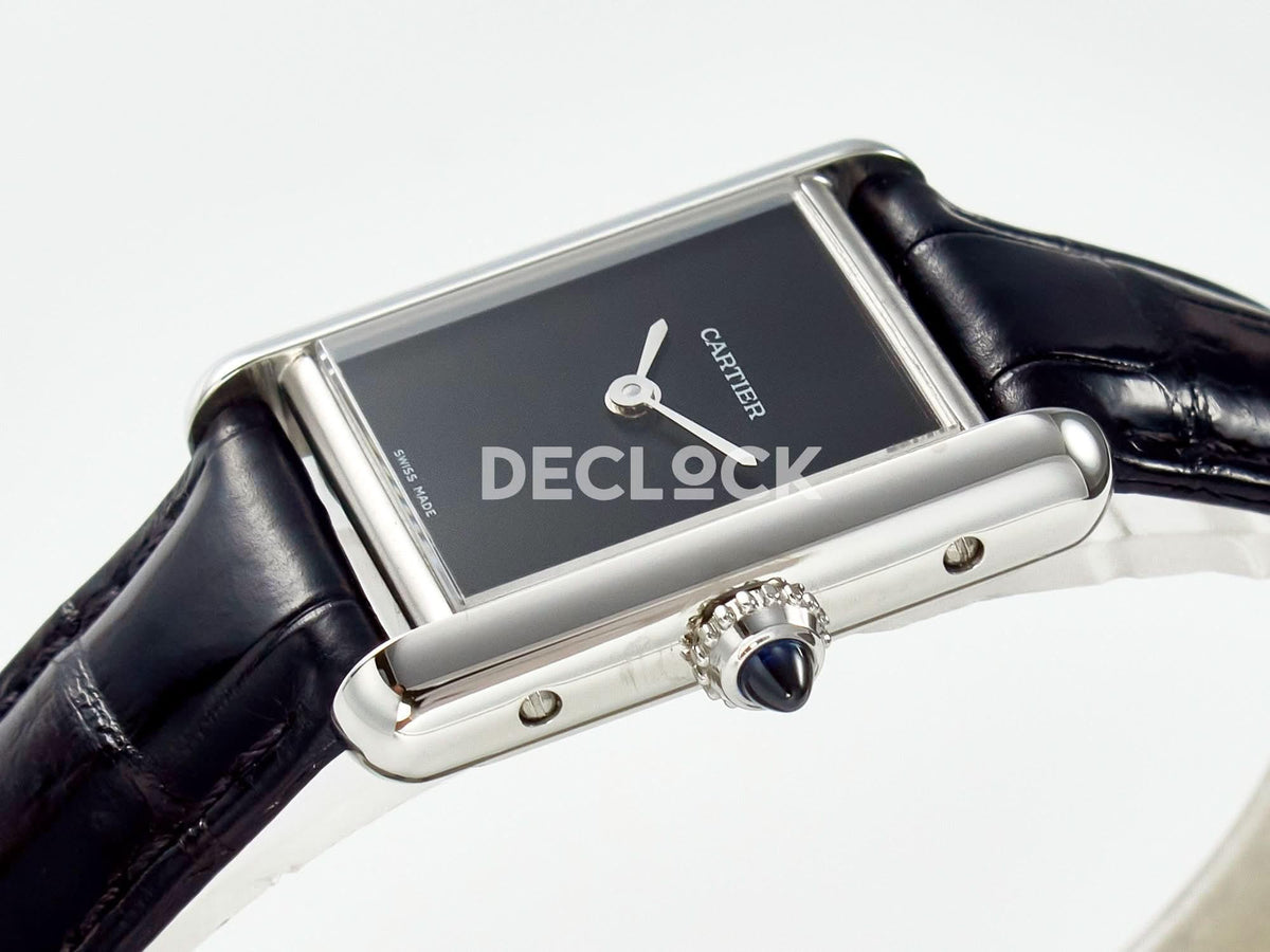 Replica Cartier Tank Louis Cartier Small SS 29mm Black Dial on Black Leather Strap |  Declock.