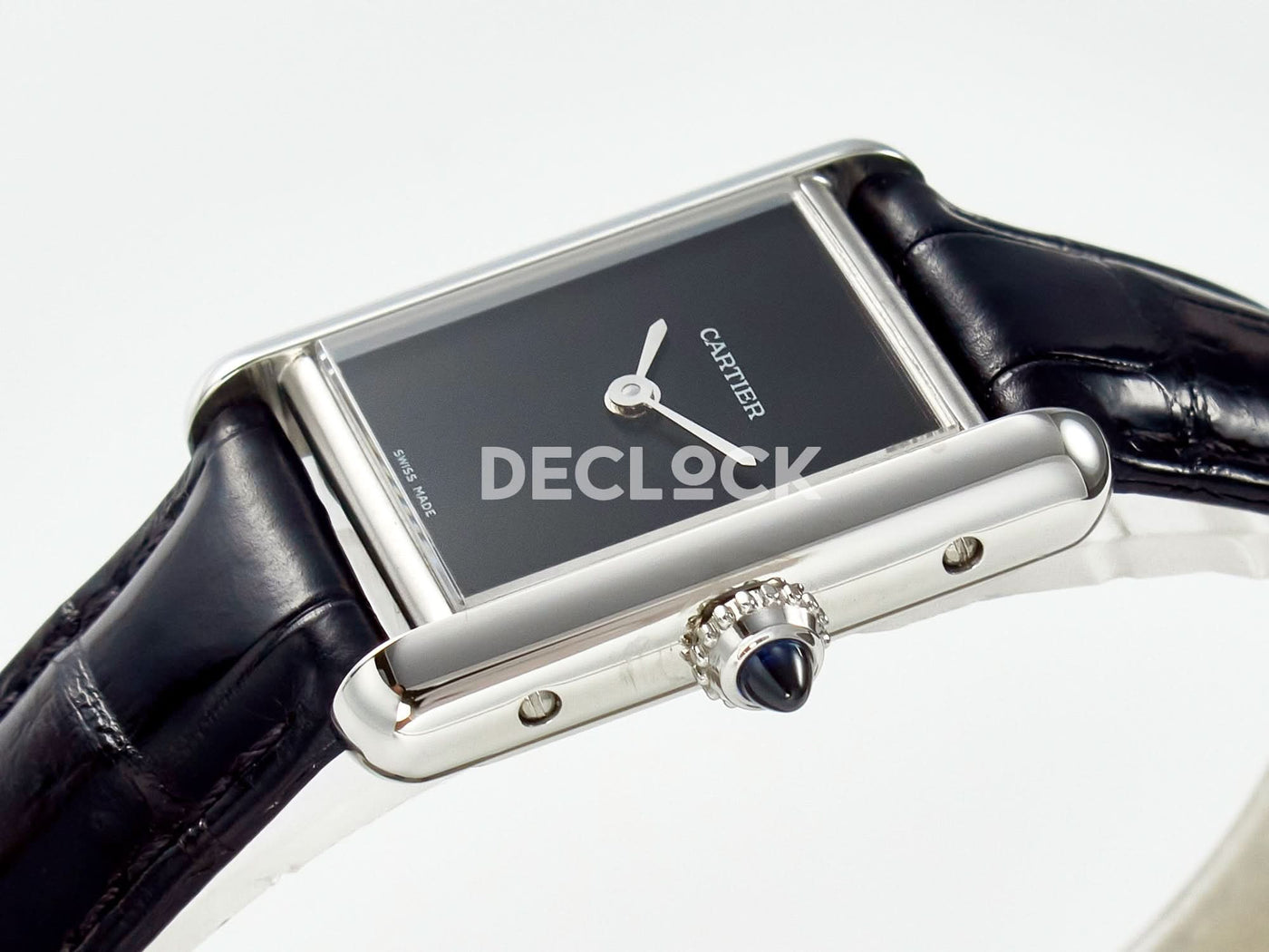 Tank Louis Cartier Small SS 29mm Black Dial on Black Leather Strap