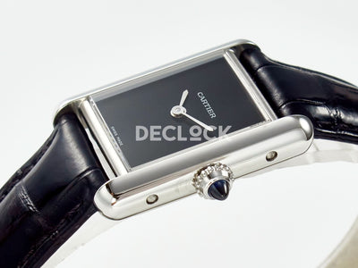 Tank Louis Cartier Small SS 29mm Black Dial on Black Leather Strap