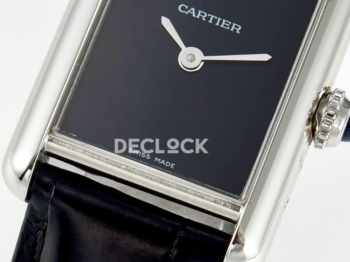Replica Cartier Tank Louis Cartier Small SS 29mm Black Dial on Black Leather Strap |  Declock.