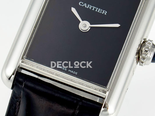 Replica Cartier Tank Louis Cartier Small SS 29mm Black Dial on Black Leather Strap |  Declock.