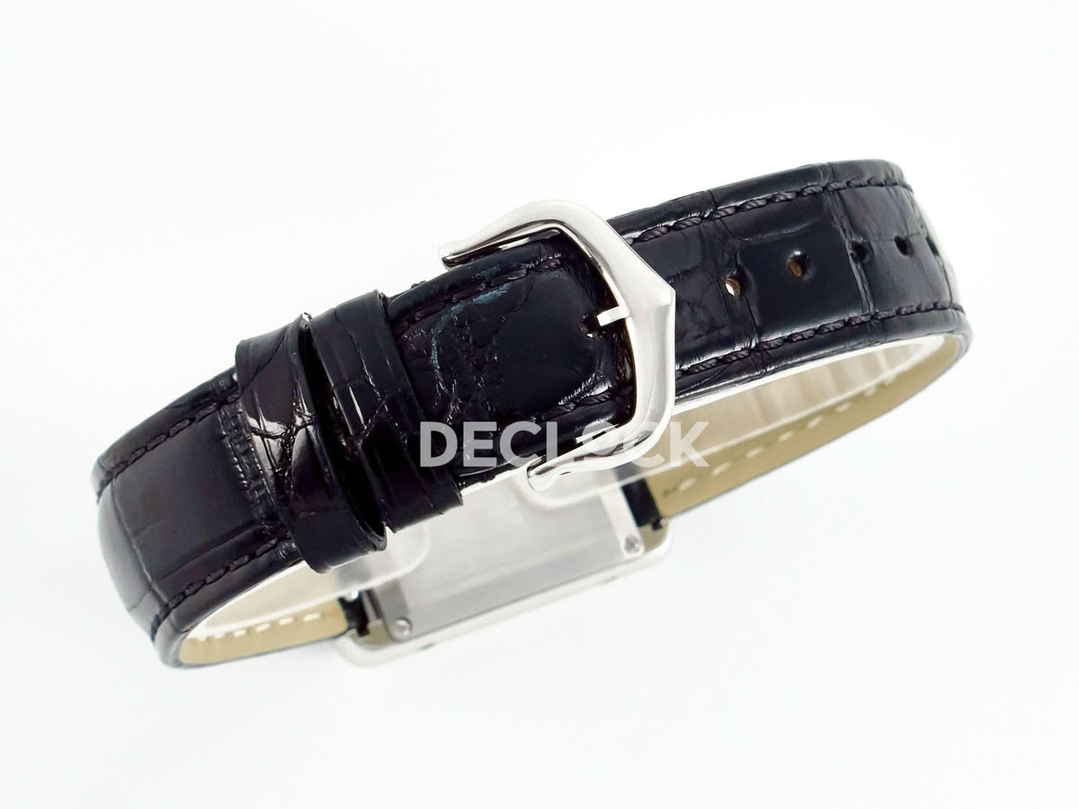 Replica Cartier Tank Louis Cartier Small SS 29mm Black Dial on Black Leather Strap |  Declock.