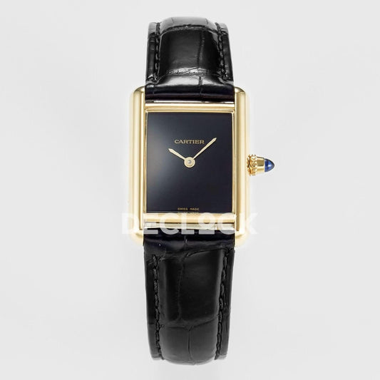Replica Cartier Tank Louis Cartier Small YG 29mm Black Dial on Black Leather Strap |  Declock.