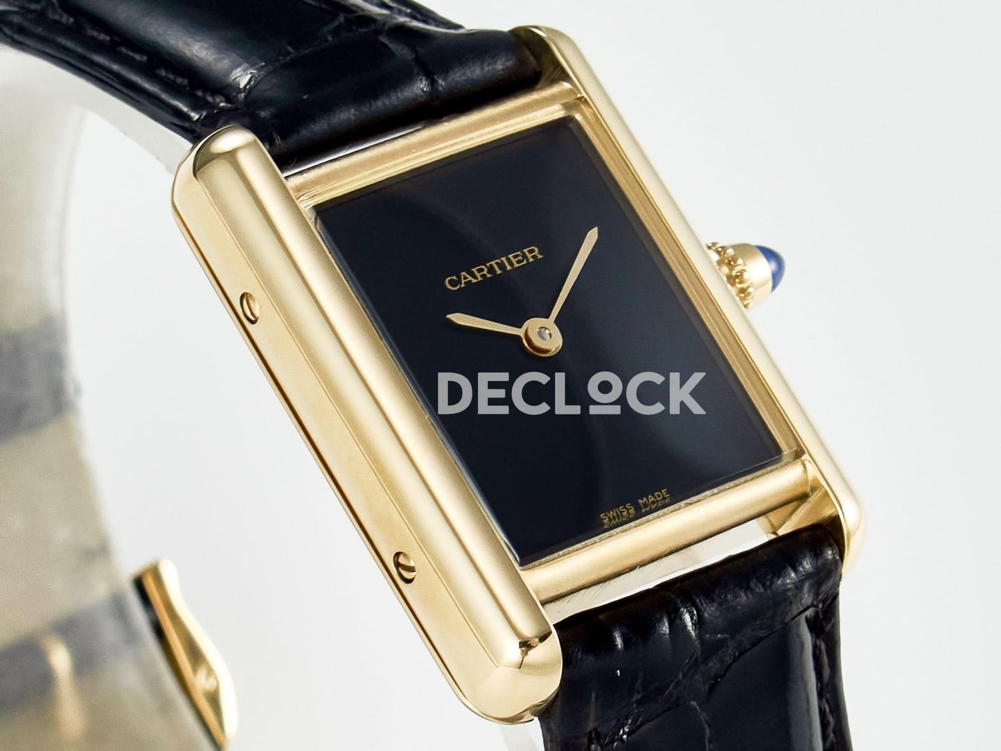 Replica Cartier Tank Louis Cartier Small YG 29mm Black Dial on Black Leather Strap |  Declock.