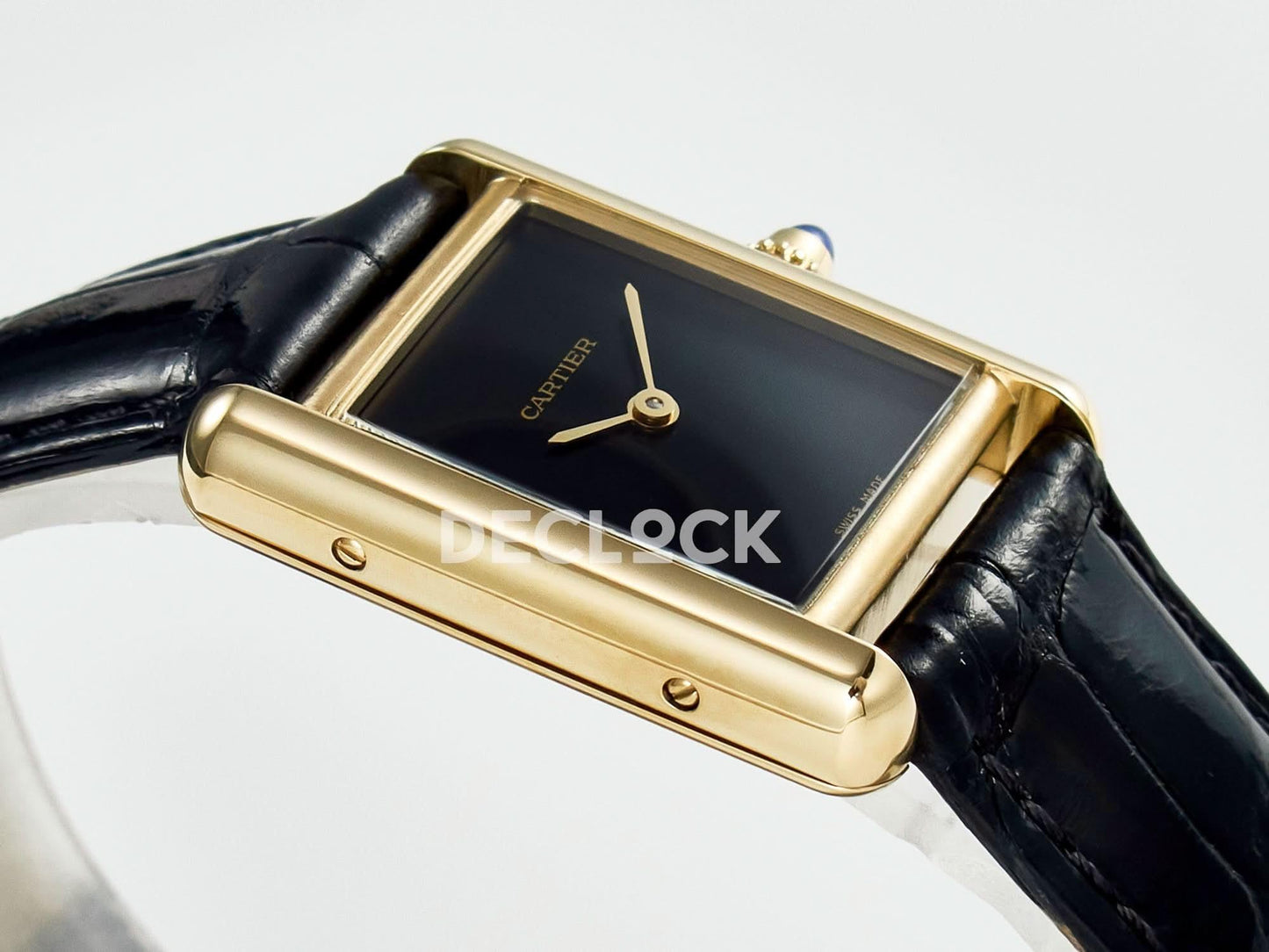 Replica Cartier Tank Louis Cartier Small YG 29mm Black Dial on Black Leather Strap |  Declock.